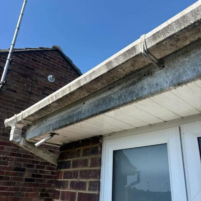 Stained gutter, fascia and soffit before cleaning